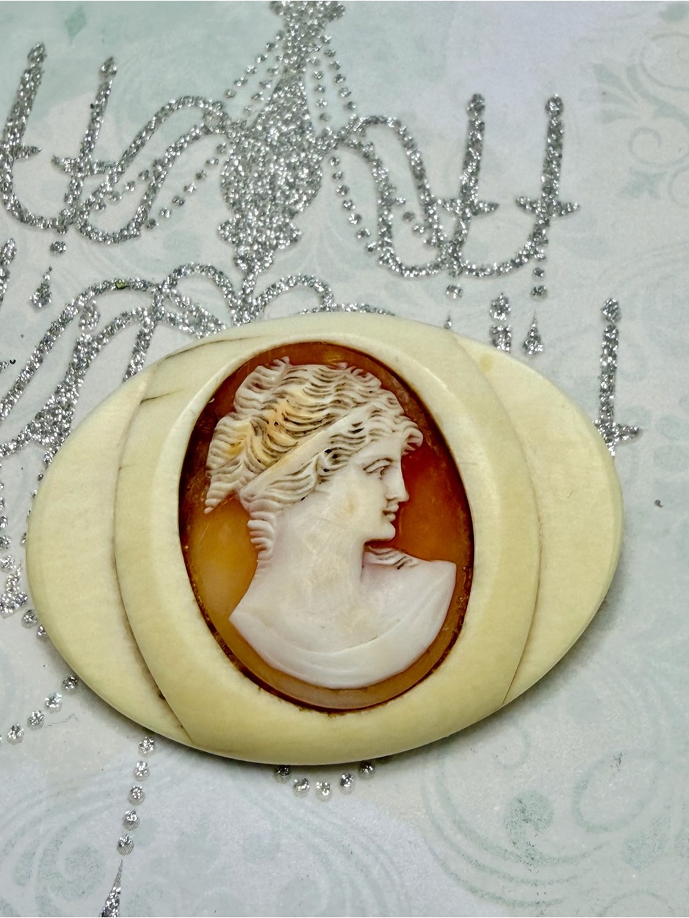 Hand-Carved Stone Cameo Brooch in Ivory #p02